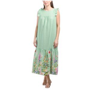 LE RAGAZZE Made In Italy Linen Blend Ruffle Detail Floral Print Maxi Dress